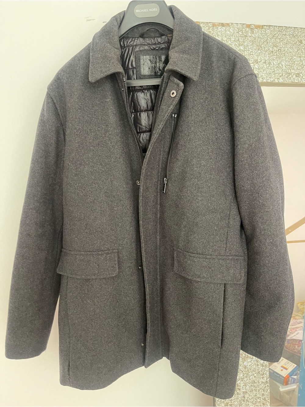 Calvin Klein Dark Charcoal Wool Pea Coat with Quilted Inner Liner